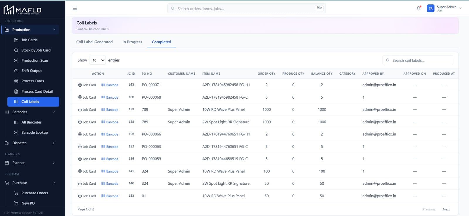 Coil / SKU barcoding — live MAFLO screen