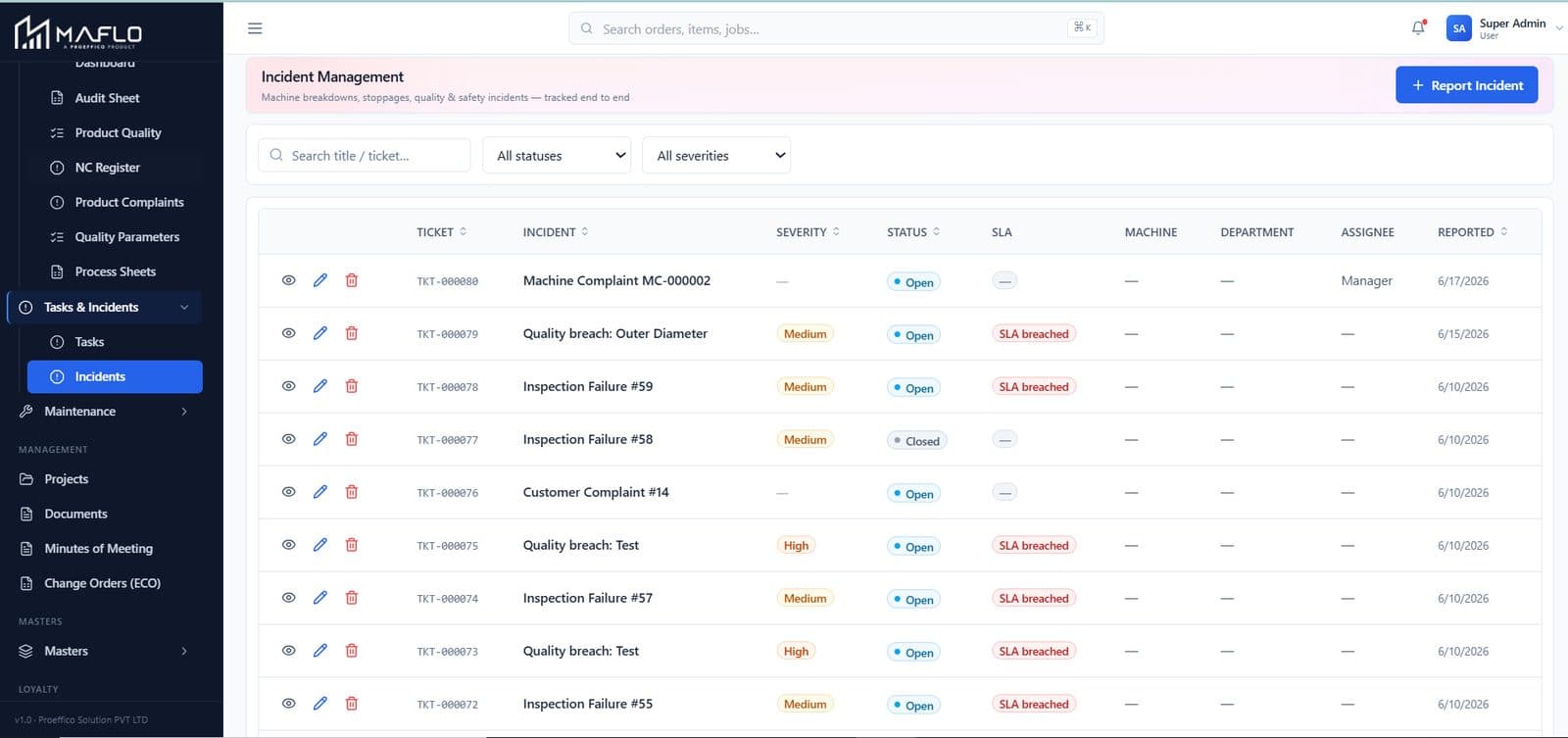 Handheld + Process Inspections — live MAFLO screen