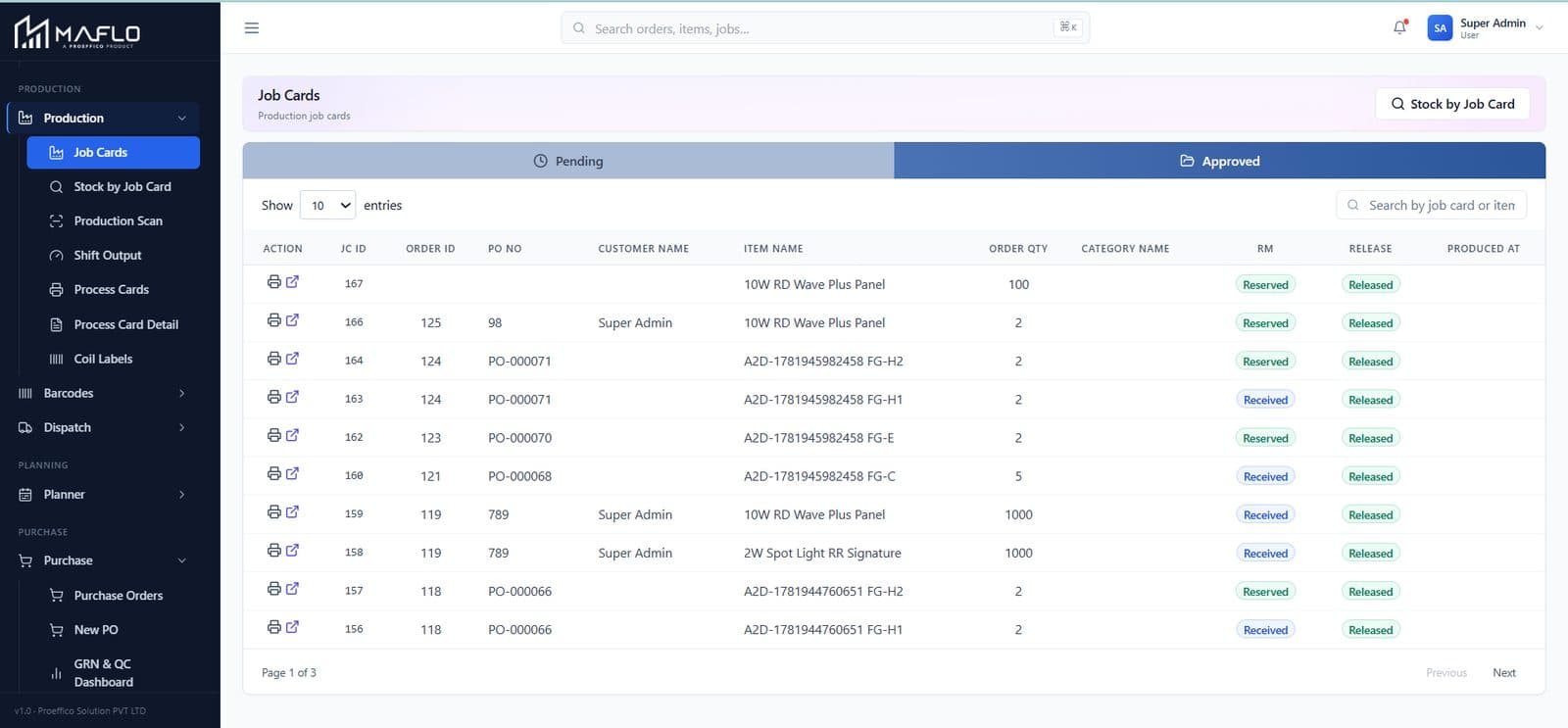 MES + Job Cards — live MAFLO screen