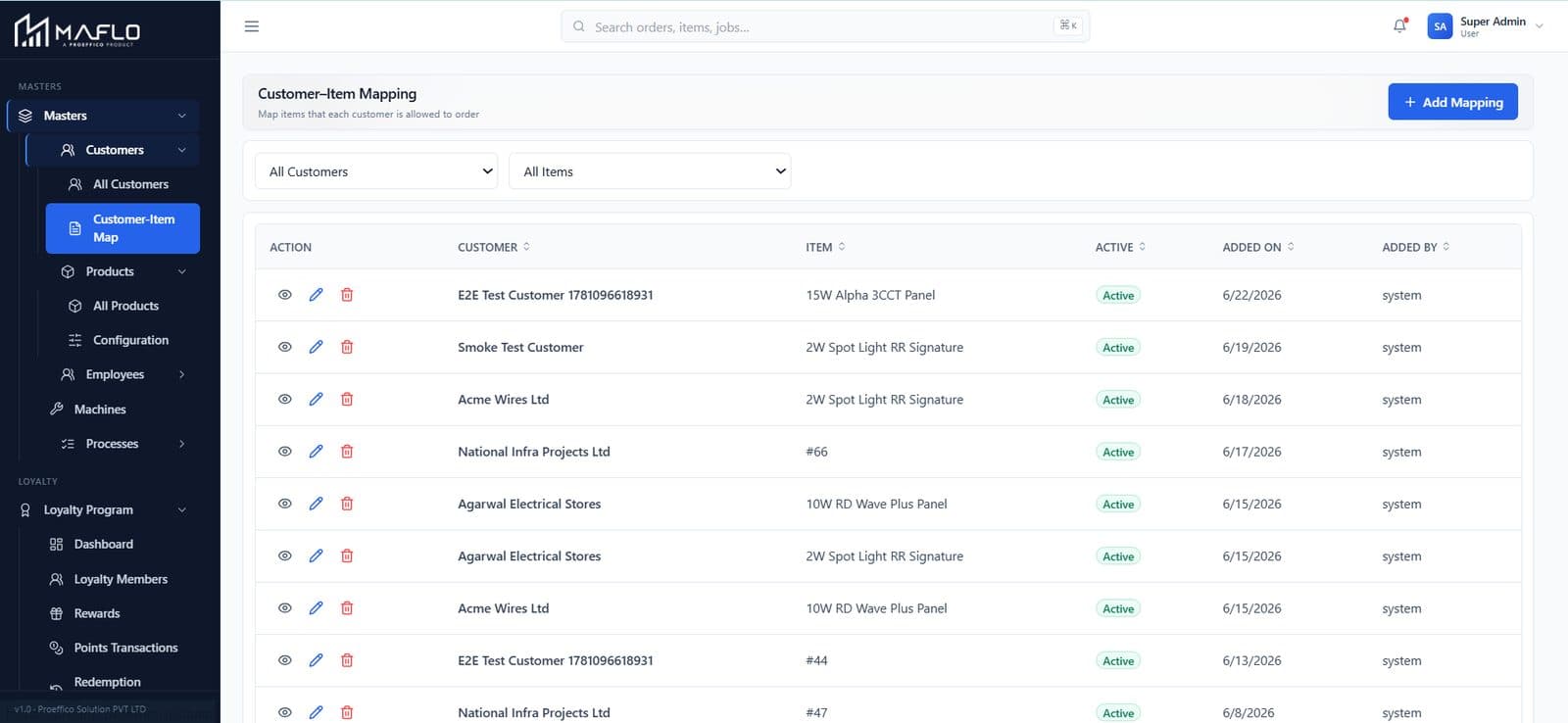 Master Templates — per-master form schemas — live MAFLO screen