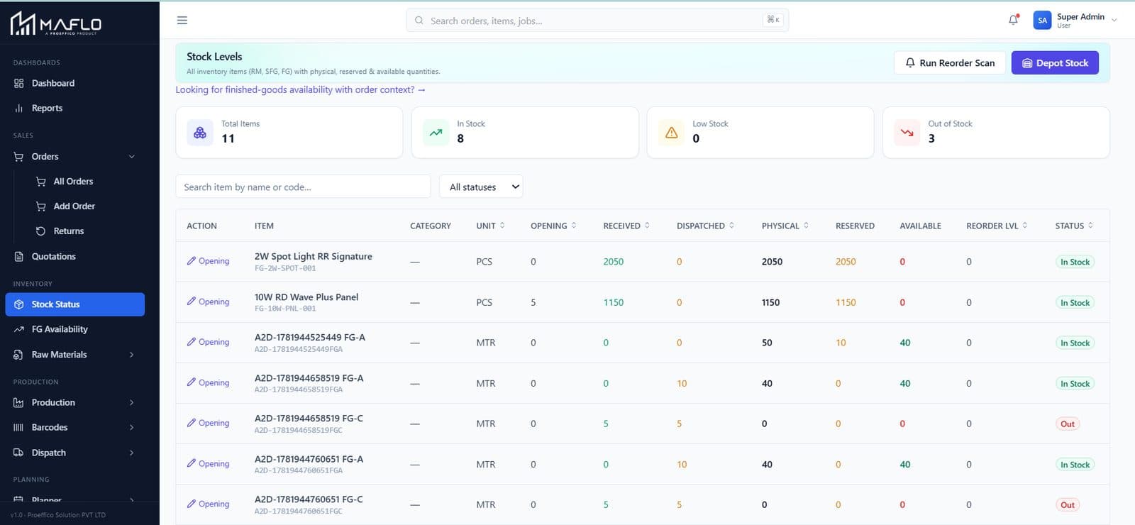 Stock Status — by depot, live — live MAFLO screen